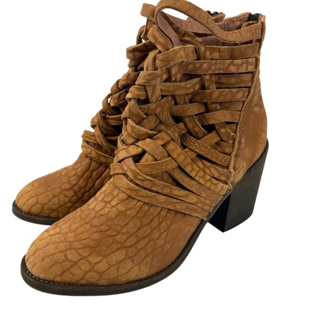 Free People Carrera Woven Leather Boot Women's EU 38 US 7.5 Tan Cognac 3" Heel